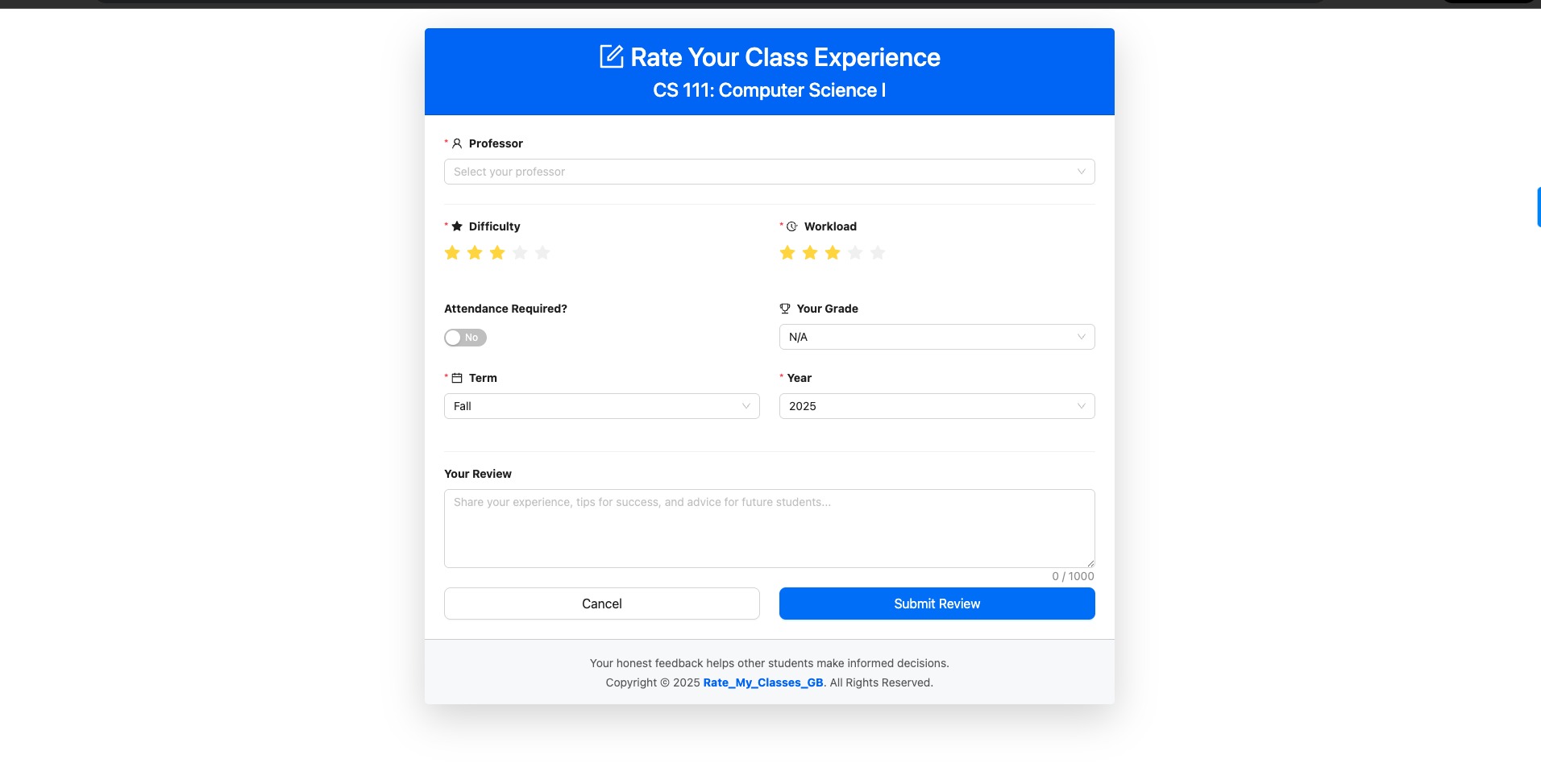 Rate My Classes - Review Page